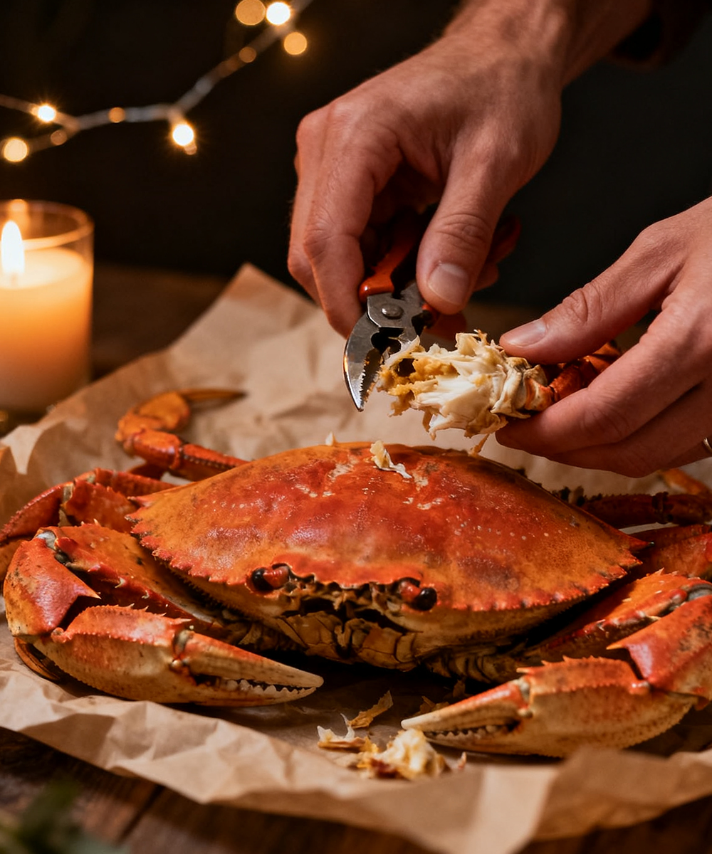 Hands cracking fresh crab by candlelight
