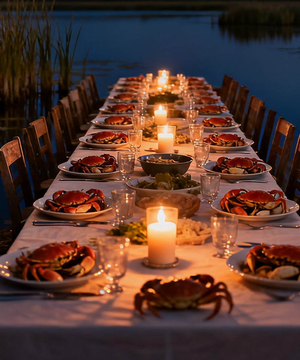 The long table set for supper at dusk